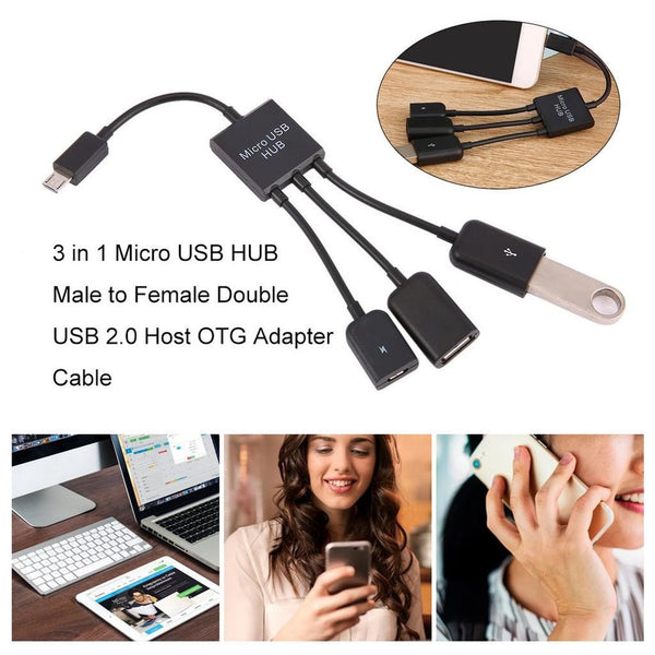 3 in 1 - Micro To 2 USB Port + 1 Micro Port OTG Converter Adapter Cable Hub