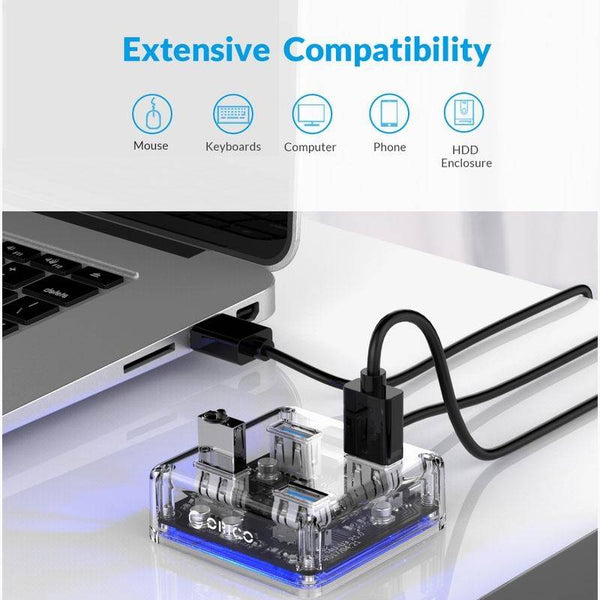 4 Ports USB 3.0 Interface High Speed 5 Gbps Extension Hub with LED Light Transparent Case for Pendrive Hardisk Charging